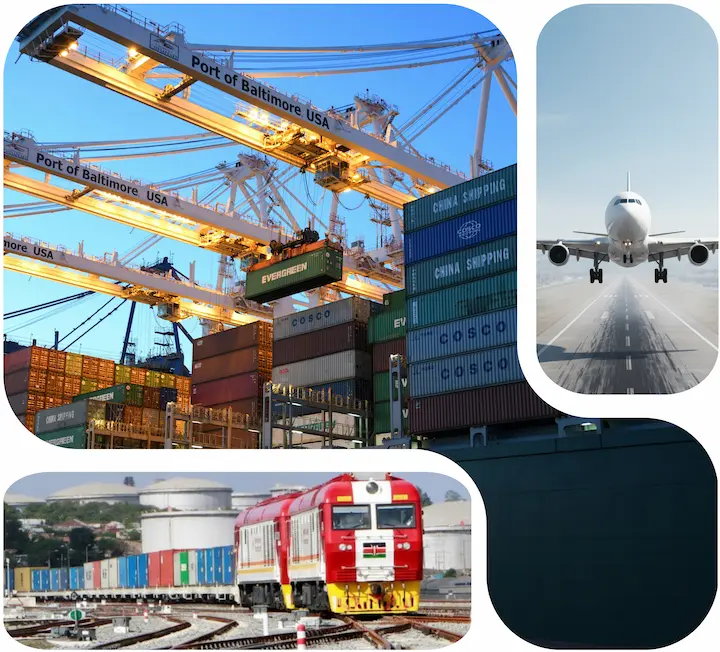 Freight collage showing multi-modal logistics