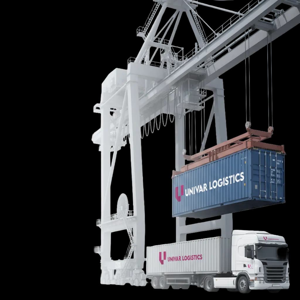 Shipping container lifted by a crane at a port